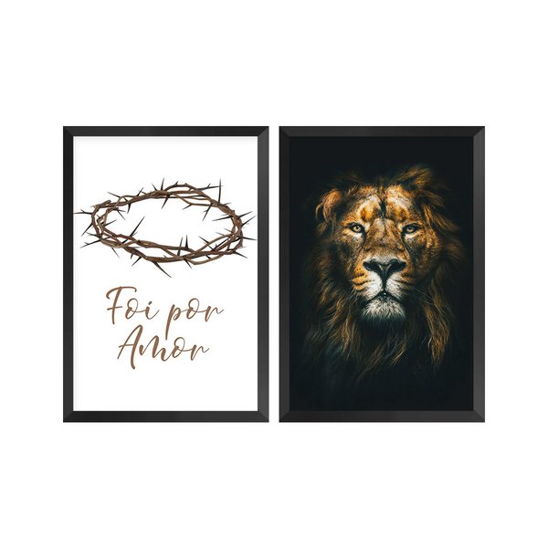 Kit 2 Quadros Decorativos Sala de Jantar Frase Fé Amor Leão Kit 2 Quadros Decorativos Sala de Jantar Frase Fé Amor Leão