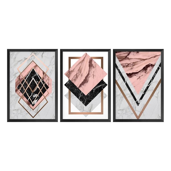 Kit 3 Quadros Decorativos Geométrico Rose Formas Quarto Kit 3 Quadros Decorativos Geométrico Rose Formas Quarto