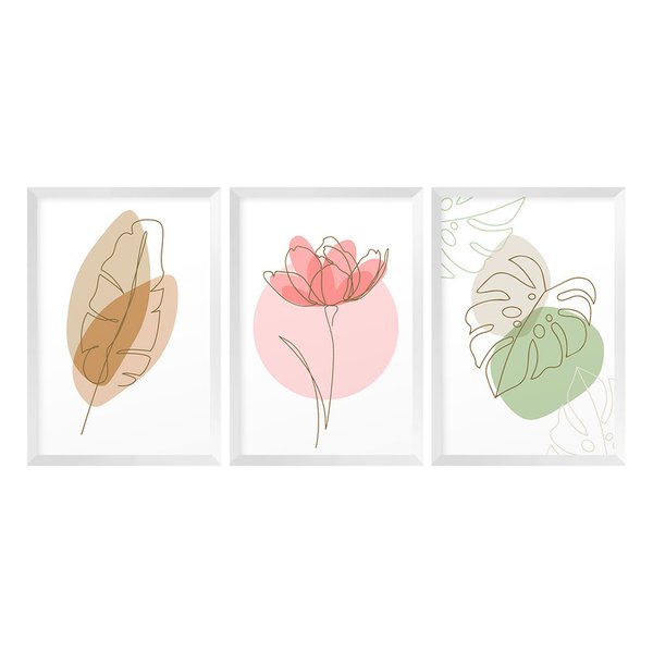 Kit 3 Quadros Decorativos Flores Folhagens Minimalista Sala Kit 3 Quadros Decorativos Flores Folhagens Minimalista Sala