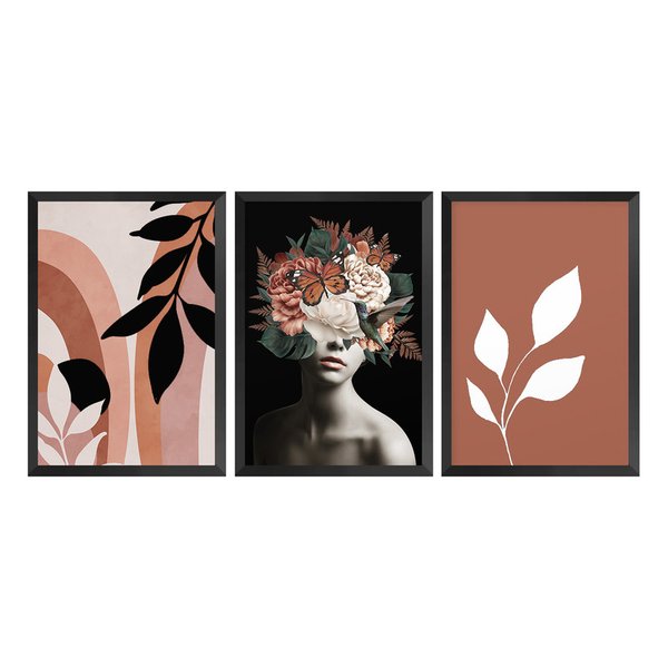 Kit 3 Quadros Decorativos Feminino Flores Folhagens Kit 3 Quadros Decorativos Feminino Flores Folhagens