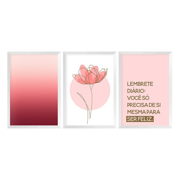 Kit 3 Quadros Decorativos Frase Flor Felicidade Degradê Kit 3 Quadros Decorativos Frase Flor Felicidade Degradê