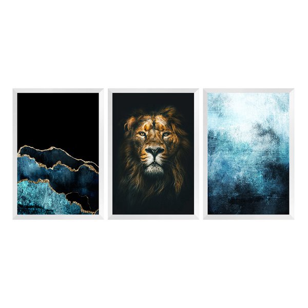 Kit 3 Quadros Decorativos Leão Degradê Escritório Kit 3 Quadros Decorativos Leão Degradê Escritório
