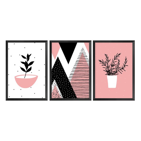 Kit 3 Quadros Decorativos para Quarto Geométrico Plantas Rosa Kit 3 Quadros Decorativos para Quarto Geométrico Plantas Rosa