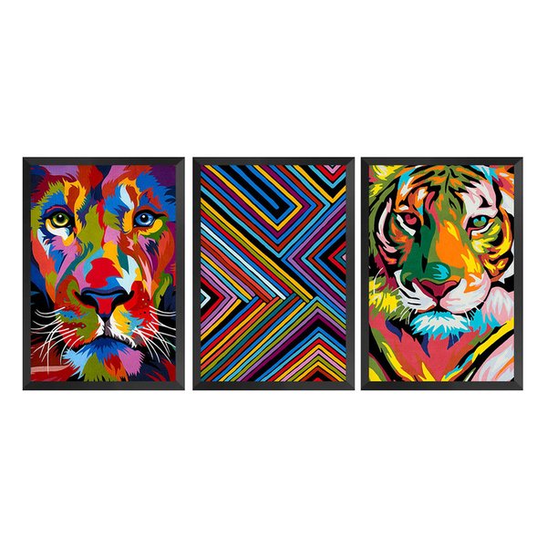 Trio de Quadros Decorativos Animais Geométrico Colorido Sala Trio de Quadros Decorativos Animais Geométrico Colorido Sala