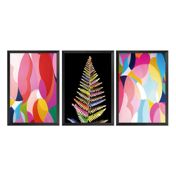 Kit 3 Quadros para Decoração Folhas Abstrato Colorido Sala Kit 3 Quadros para Decoração Folhas Abstrato Colorido Sala