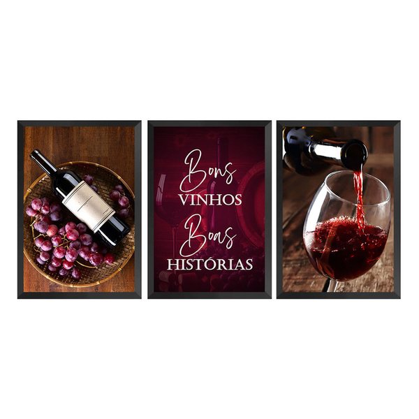 Kit 3 Quadros com Moldura Frases Vinhos Uva Elegante Sala Kit 3 Quadros com Moldura Frases Vinhos Uva Elegante Sala