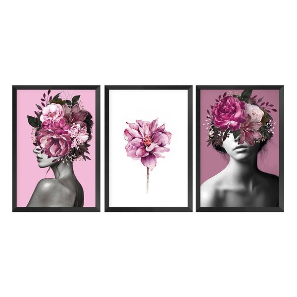 Kit 3 Quadros com Moldura Feminino Mulher Flores Decoração Kit 3 Quadros com Moldura Feminino Mulher Flores Decoração