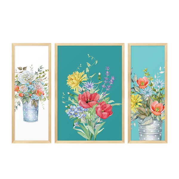 Kit 3 Quadros Decorativos com Moldura Flores Coloridas Sala Kit 3 Quadros Decorativos com Moldura Flores Coloridas Sala