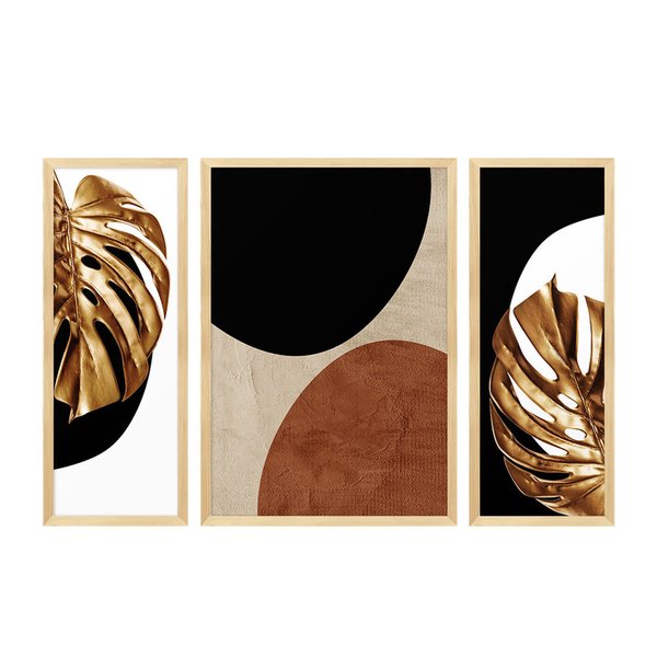 Kit 3 Quadros com Moldura Folhas Douradas Moderno Sala Kit 3 Quadros com Moldura Folhas Douradas Moderno Sala