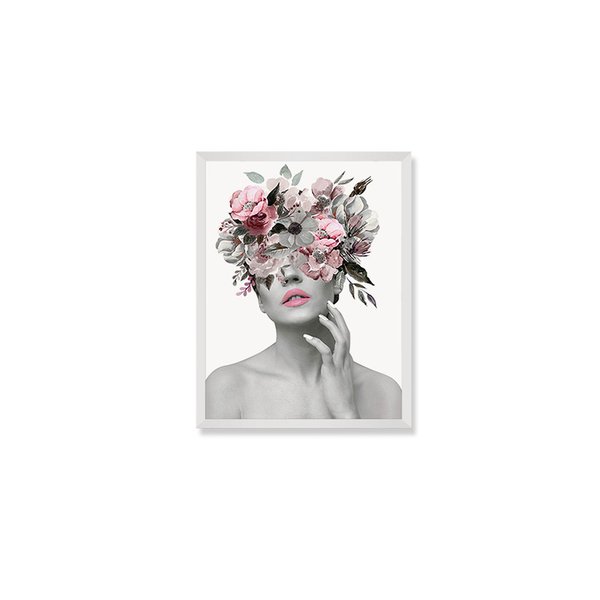 Quadro Decorativo com Moldura Branca Mulher Flores Rose Surreal Moderno Sala Quadro Decorativo com Moldura Branca Mulher Flores Rose Surreal Moderno Sala