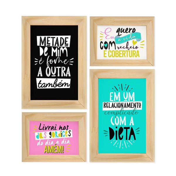 Kit 4 Quadros Decorativos Frases Dieta Presente Divertido Engraçado Colorido Kit 4 Quadros Decorativos Frases Dieta Presente Divertido Engraçado Colorido