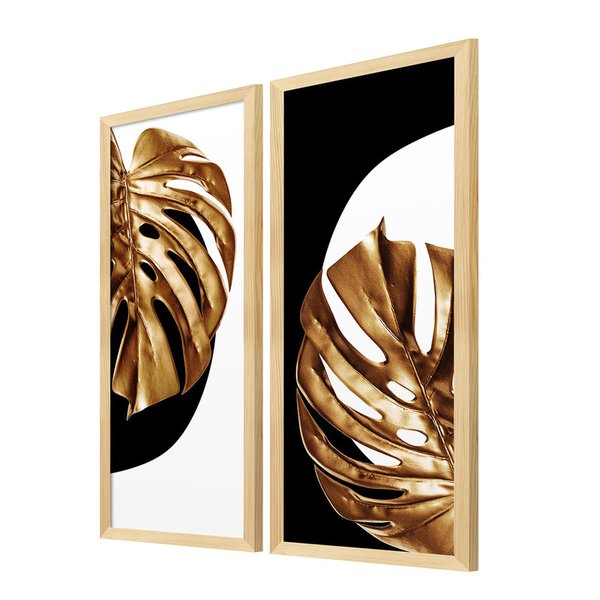 Kit 2 Quadros Decorativos Folhas Douradas Moderno Escritório Kit 2 Quadros Decorativos Folhas Douradas Moderno Escritório