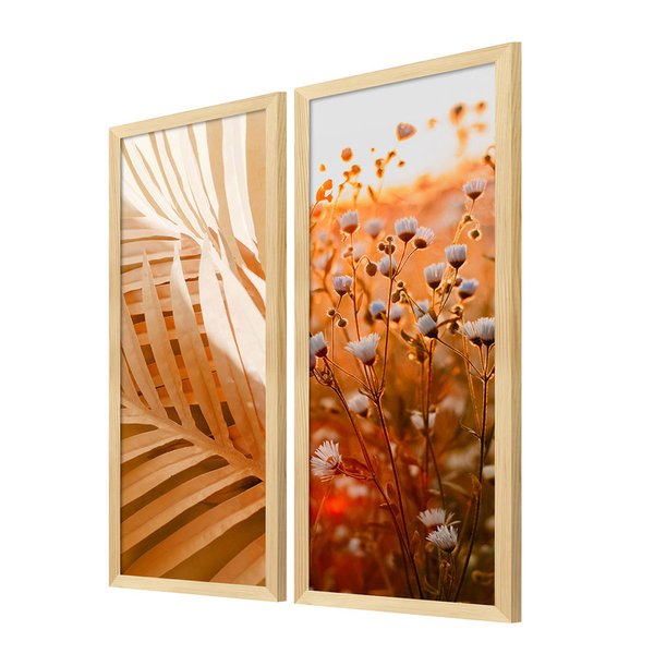 Kit 2 Quadros Decorativos Flores Folhagem com Moldura Sala Kit 2 Quadros Decorativos Flores Folhagem com Moldura Sala