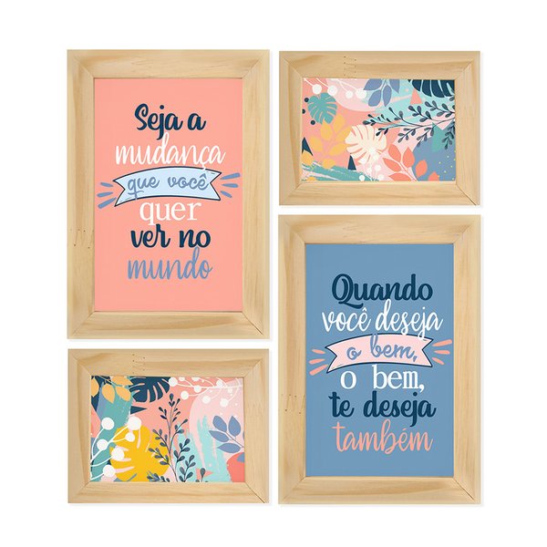 Kit 4 Quadros Decorativos para Quarto Sala Floral Rosa Colorido Mundo Frases Ramos Kit 4 Quadros Decorativos para Quarto Sala Floral Rosa Colorido Mundo Frases Ramos