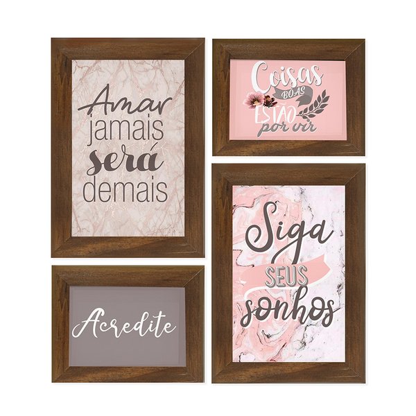 Kit 4 Quadros Decorativo com Frase para Sala Quarto Casal Sonhos Tons Rose Motivação Kit 4 Quadros Decorativo com Frase para Sala Quarto Casal Sonhos Tons Rose Motivação
