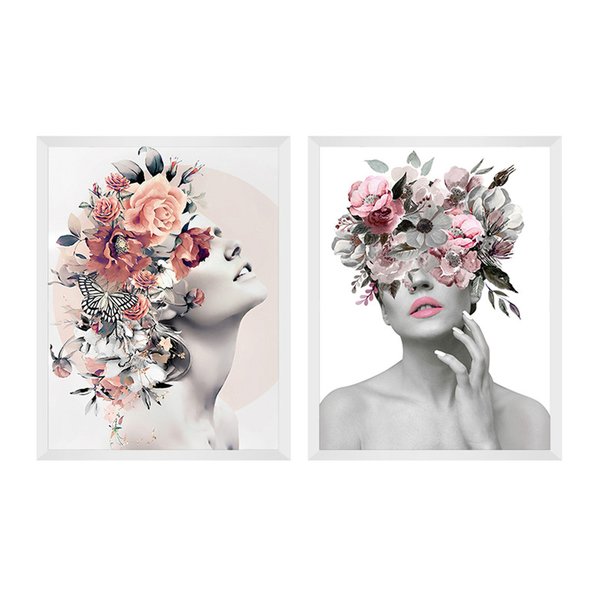 Kit 2 Quadros Decorativos Rosto Mulher Flores Abstrato Surreal Kit 2 Quadros Decorativos Rosto Mulher Flores Abstrato Surreal