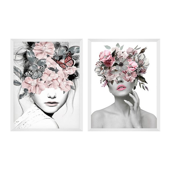 Kit 2 Quadros Decorativos Moldura Branca Mulher Flores Surreal Cor Abstrato Kit 2 Quadros Decorativos Moldura Branca Mulher Flores Surreal Cor Abstrato