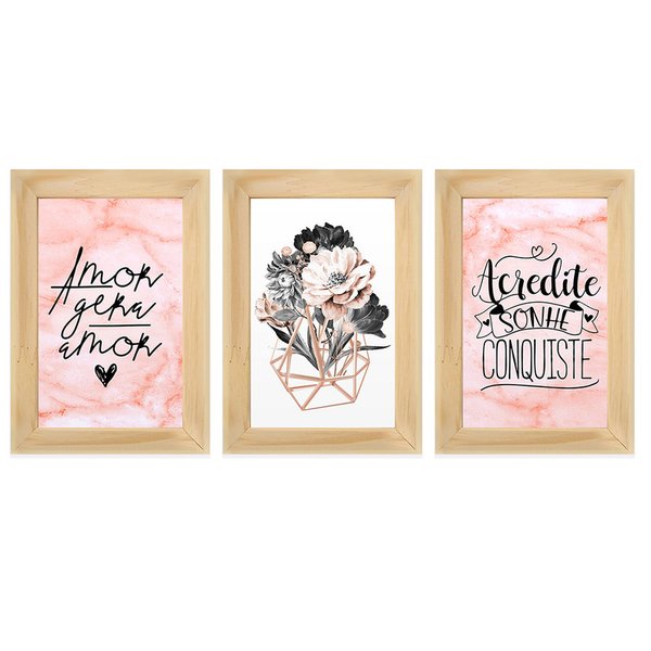 Kit 3 Quadros Decorativos para Sala Quarto Frase Rosa Flores Geométrico Amor Kit 3 Quadros Decorativos para Sala Quarto Frase Rosa Flores Geométrico Amor