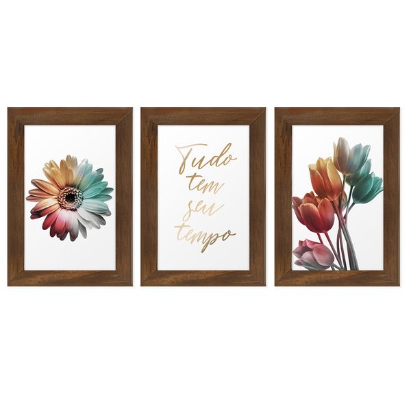 Kit 3 Quadros Decorativos com Moldura Flores Frases Sala Kit 3 Quadros Decorativos com Moldura Flores Frases Sala