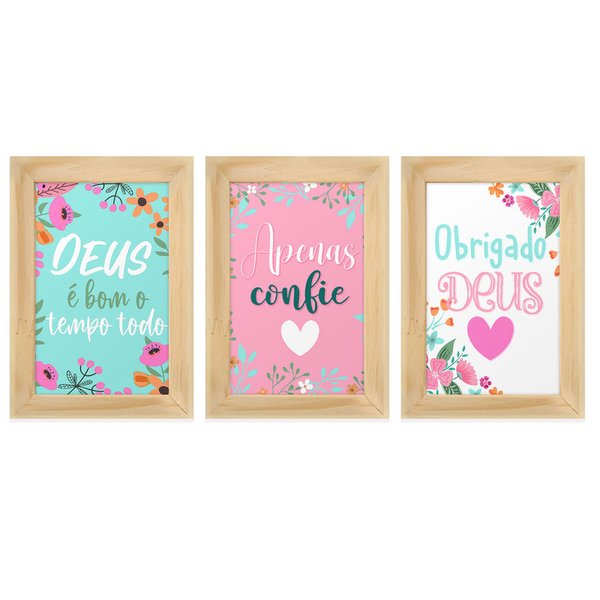 Kit 3 Quadros Decorativos Frases Deus Fé Flores Sala Kit 3 Quadros Decorativos Frases Deus Fé Flores Sala