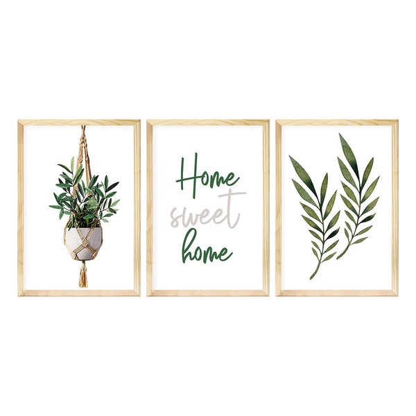Kit 3 Quadros Decorativos para Corredor Moldura Pinus Plantas Folhas Kit 3 Quadros Decorativos para Corredor Moldura Pinus Plantas Folhas
