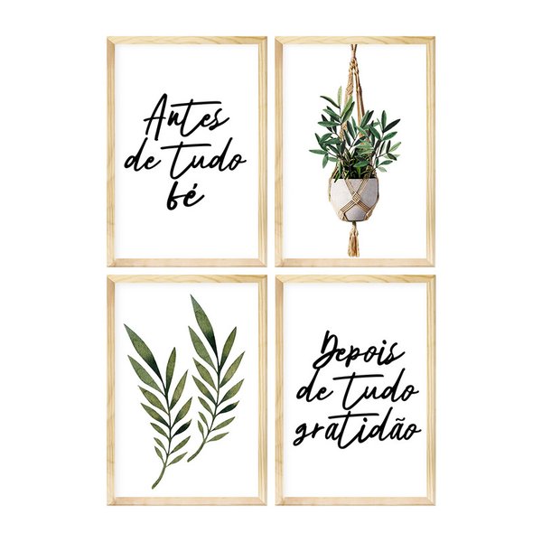 Kit 4 Quadros para Decoração Sala de Jantar Folhagens Frases Fé Moldura em Pinus Kit 4 Quadros para Decoração Sala de Jantar Folhagens Frases Fé Moldura em Pinus