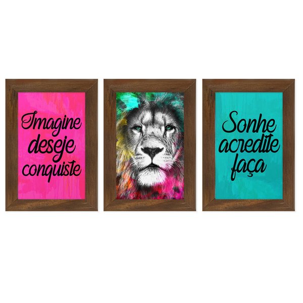 Kit 3 Quadros para Decoração Leão Colorido Frases Sala Kit 3 Quadros para Decoração Leão Colorido Frases Sala
