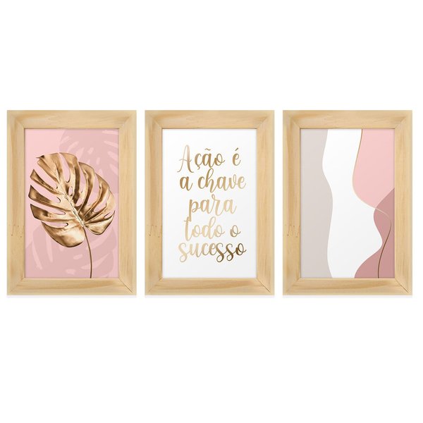 Kit 3 Quadros Decorativos com Moldura Frases Folha Dourada Kit 3 Quadros Decorativos com Moldura Frases Folha Dourada