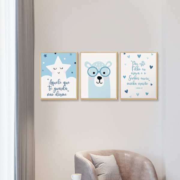 Jogo de 3 Quadros em MDF - Placas Decorativas - Decoração Quarto