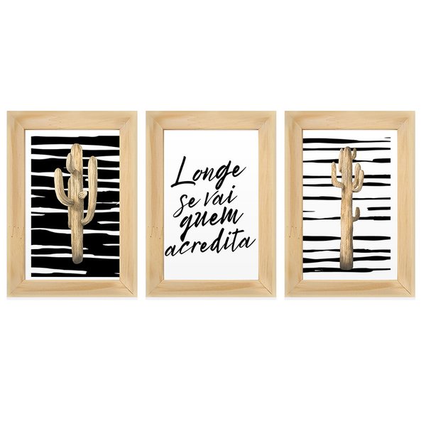 Kit 3 Quadros Decorativos para Sala Quarto Frase Cacto Preto Branco Escritório Kit 3 Quadros Decorativos para Sala Quarto Frase Cacto Preto Branco Escritório