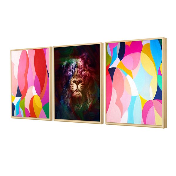 Kit 3 Quadros para Decoração Leão Colorido Abstrato Sala Kit 3 Quadros para Decoração Leão Colorido Abstrato Sala