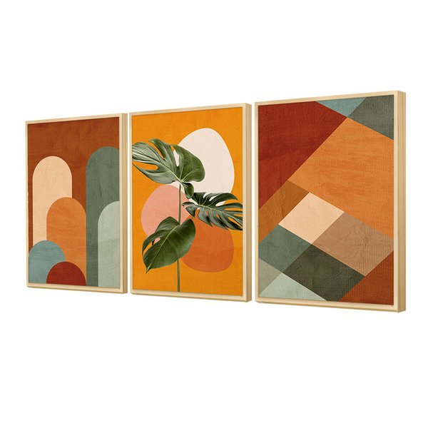 Trio de Quadros Geométrico Folhagens e Formas Terracota Trio de Quadros Geométrico Folhagens e Formas Terracota