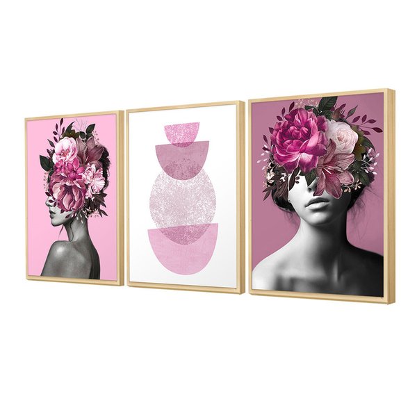 CONJUNTO KIT 5 QUADROS DECORATIVOS FEMININO FLORAL GEOMETRICO