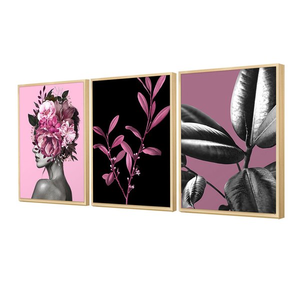 Trio de Quadros Feminino Flores Folhagem Moderno Decoração Trio de Quadros Feminino Flores Folhagem Moderno Decoração