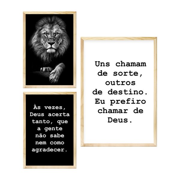 Kit 3 Quadros Decorativos para Hall Entrada Frases Leão Fé Sala com Moldura Pinus Kit 3 Quadros Decorativos para Hall Entrada Frases Leão Fé Sala com Moldura Pinus