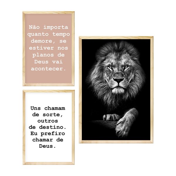 Kit 3 Quadros Decorativos Corredor Frases Fé Leão com Moldura Pinus Kit 3 Quadros Decorativos Corredor Frases Fé Leão com Moldura Pinus