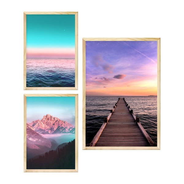 Kit 3 Quadros Grandes Decorativos Sala Paisagem Mar Céu com Moldura Pinus Kit 3 Quadros Grandes Decorativos Sala Paisagem Mar Céu com Moldura Pinus