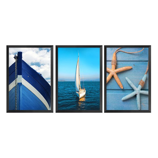 Kit 3 Quadros Decoração Ambiente Moderno Moldura Preta Mar Barcos Azuis Kit 3 Quadros Decoração Ambiente Moderno Moldura Preta Mar Barcos Azuis