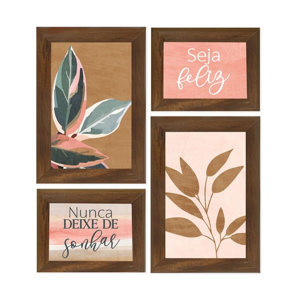 Kit 4 Quadros Decorativos Frases Folhas Felicidade Sala Kit 4 Quadros Decorativos Frases Folhas Felicidade Sala