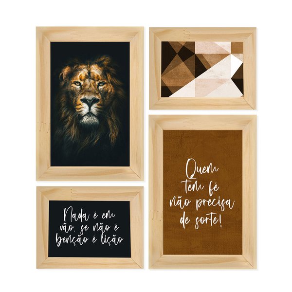 Kit 4 Quadros com Moldura Leão Frases Fé Geométrico Sala Kit 4 Quadros com Moldura Leão Frases Fé Geométrico Sala