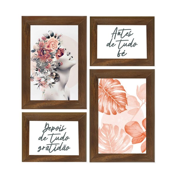 Conjunto kit 6 quadros decorativos rose feminino floral quarto