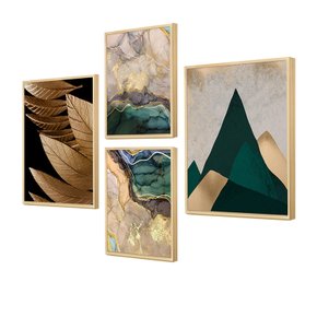 Kit 4 Quadros Decorativos para Ambientes de Escritório Folhas Douradas e Montanhas