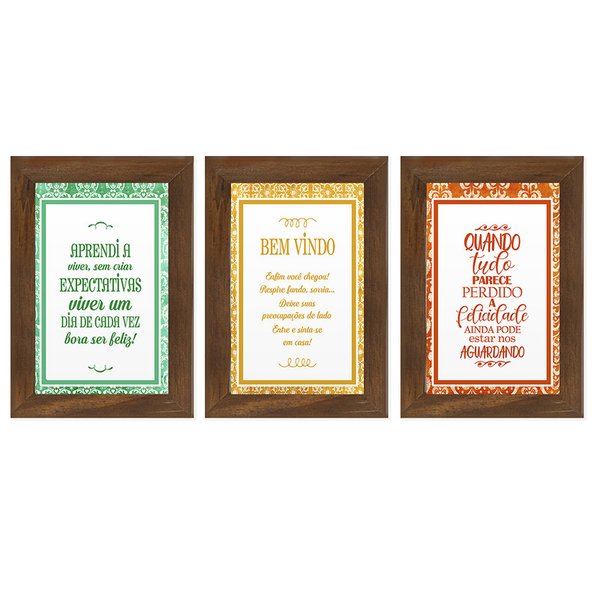 Kit 3 Quadros Decorativos Frases Colorido Tons Sala Hall Kit 3 Quadros Decorativos Frases Colorido Tons Sala Hall