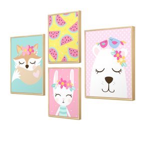 Kit 4 Quadros Decorativos Rosa Bebê Quarto Menina