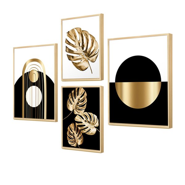 Kit 4 Quadros Decorativos Geométrico Folhas Elegante Sala Kit 4 Quadros Decorativos Geométrico Folhas Elegante Sala