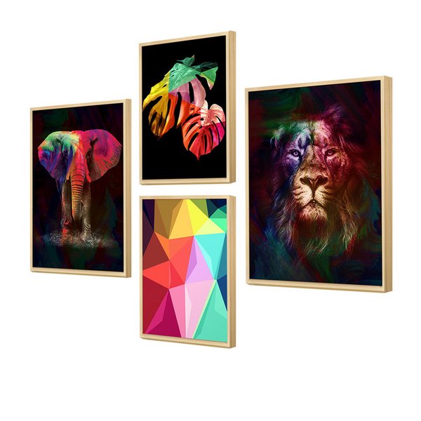 Kit 4 Quadros com Moldura Folhas Animais Colorido Sala Kit 4 Quadros com Moldura Folhas Animais Colorido Sala
