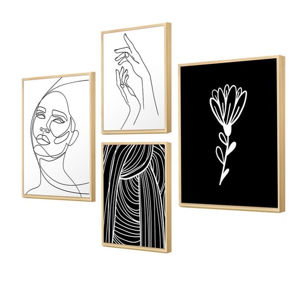 Kit 4 Quadros Decorativos Minimalista Linhas Flor Sala Quarto Kit 4 Quadros Decorativos Minimalista Linhas Flor Sala Quarto