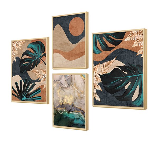 Kit 4 Quadros para Decoração Folhas Abstrato Elegante Sala Kit 4 Quadros para Decoração Folhas Abstrato Elegante Sala