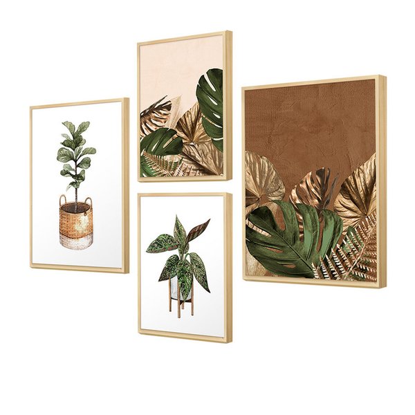 Kit 4 Quadros Decorativos com Moldura Plantas Folhas Sala Kit 4 Quadros Decorativos com Moldura Plantas Folhas Sala