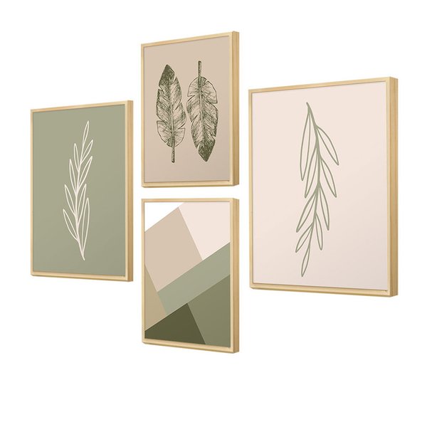 Kit 4 Quadros para Decoração Folhas Minimalista Sala Cozinha Kit 4 Quadros para Decoração Folhas Minimalista Sala Cozinha